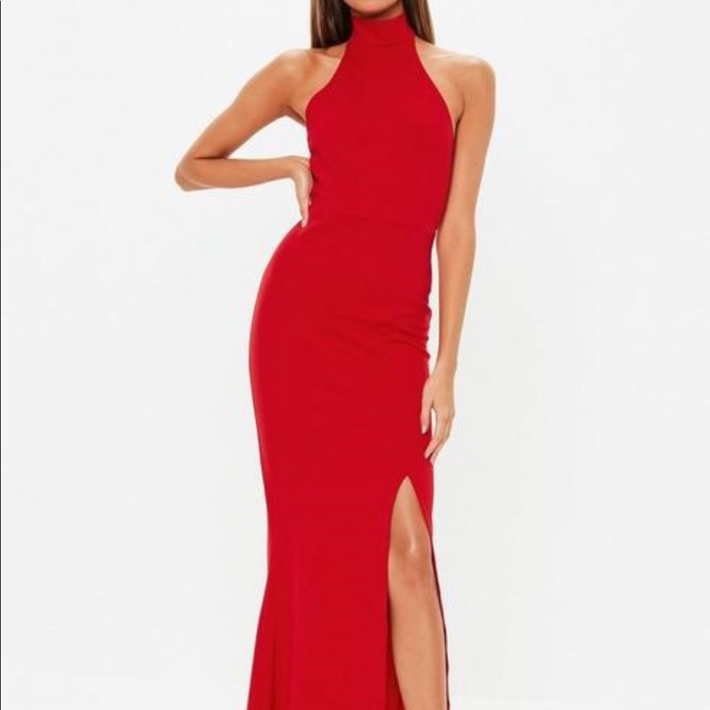 Red chocker slit backless gown